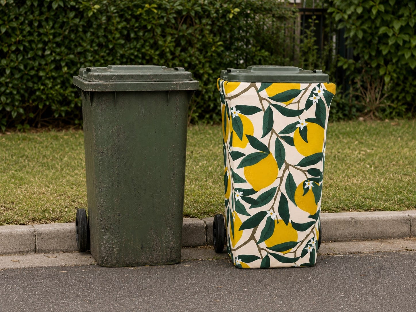 A plain green wheelie bin on the kerb beside the same bin wearing a bright Lemon Squeeze Wheelie Wrap