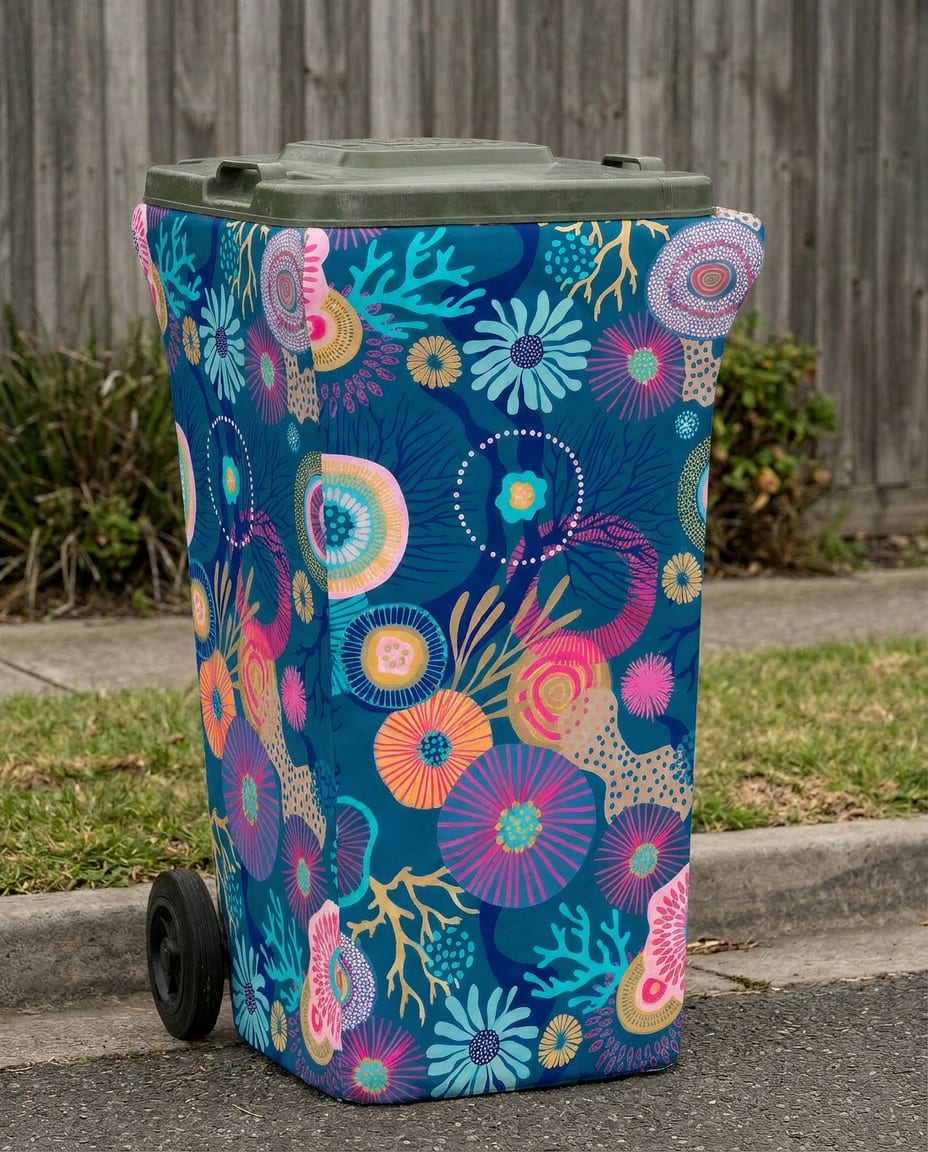 The Coral Dreams Wheelie Wrap fitted neatly on a 240L bin on a suburban kerb