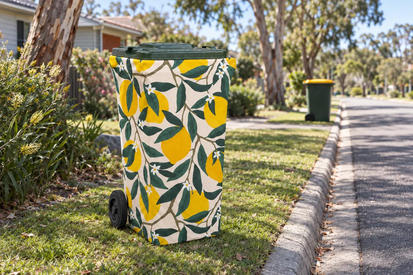 A wheelie bin in a lemon-print cover on the nature strip at the kerb on collection day, with a plain neighbouring bin further down the street