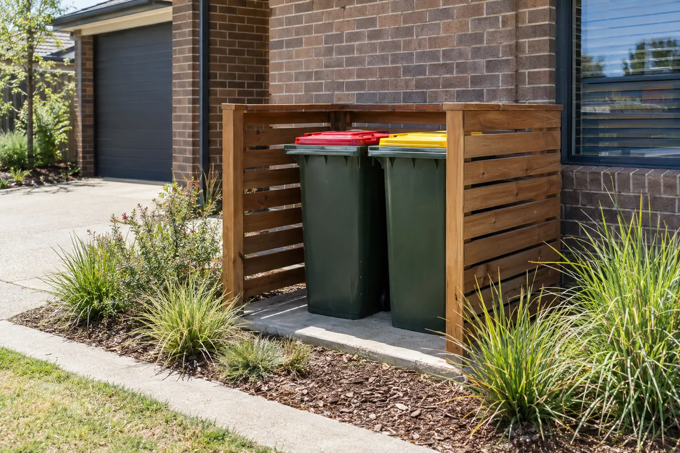 A timber slat bin enclosure beside a brick house holding two wheelie bins, one with a red lid and one with a yellow lid