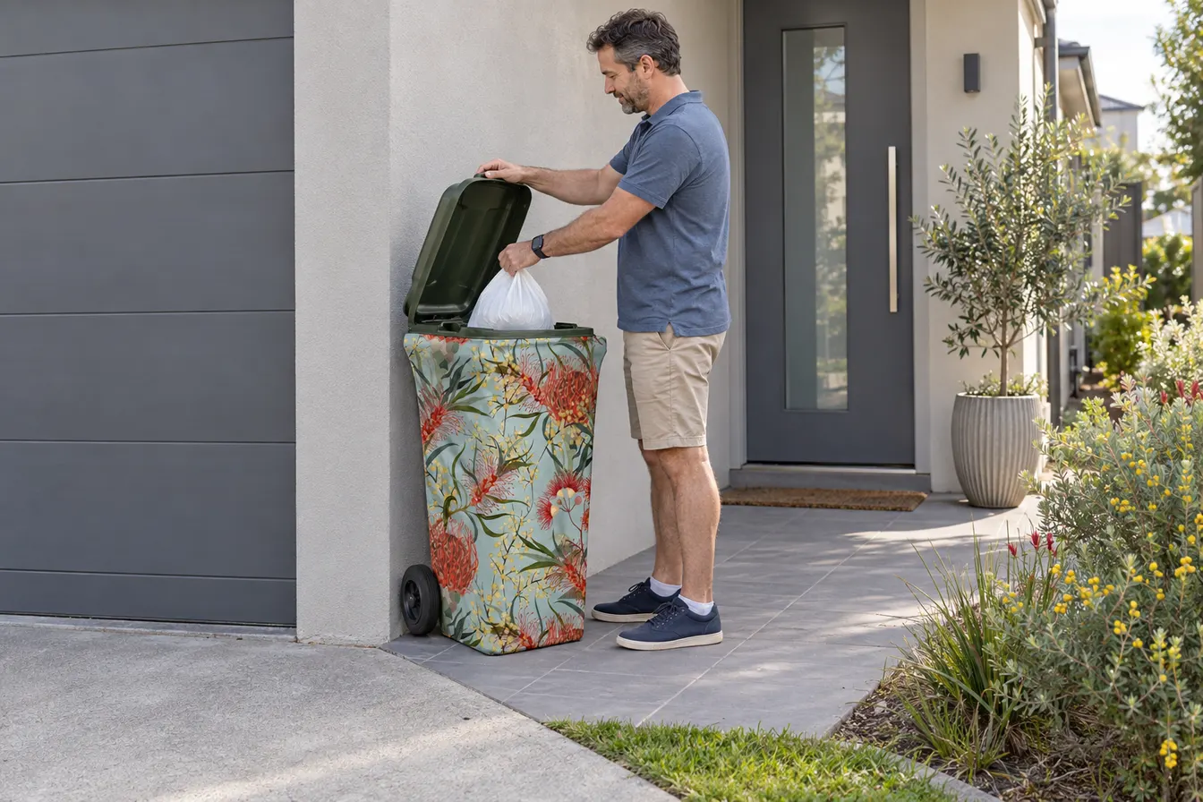 A man dropping a kitchen bag into a wheelie bin in a native flower print cover beside the garage of a narrow townhouse