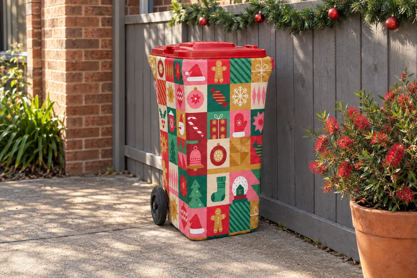A wheelie bin in a Christmas mosaic cover against a grey paling fence with a green garland and red baubles along the top rail and a red flowering bottlebrush in a terracotta pot