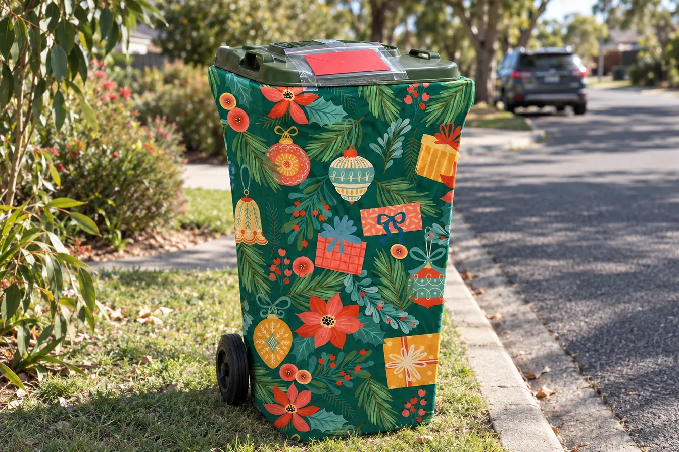 A wheelie bin in a green Christmas cover at the kerb with a red envelope in a zip-lock bag taped to the lid