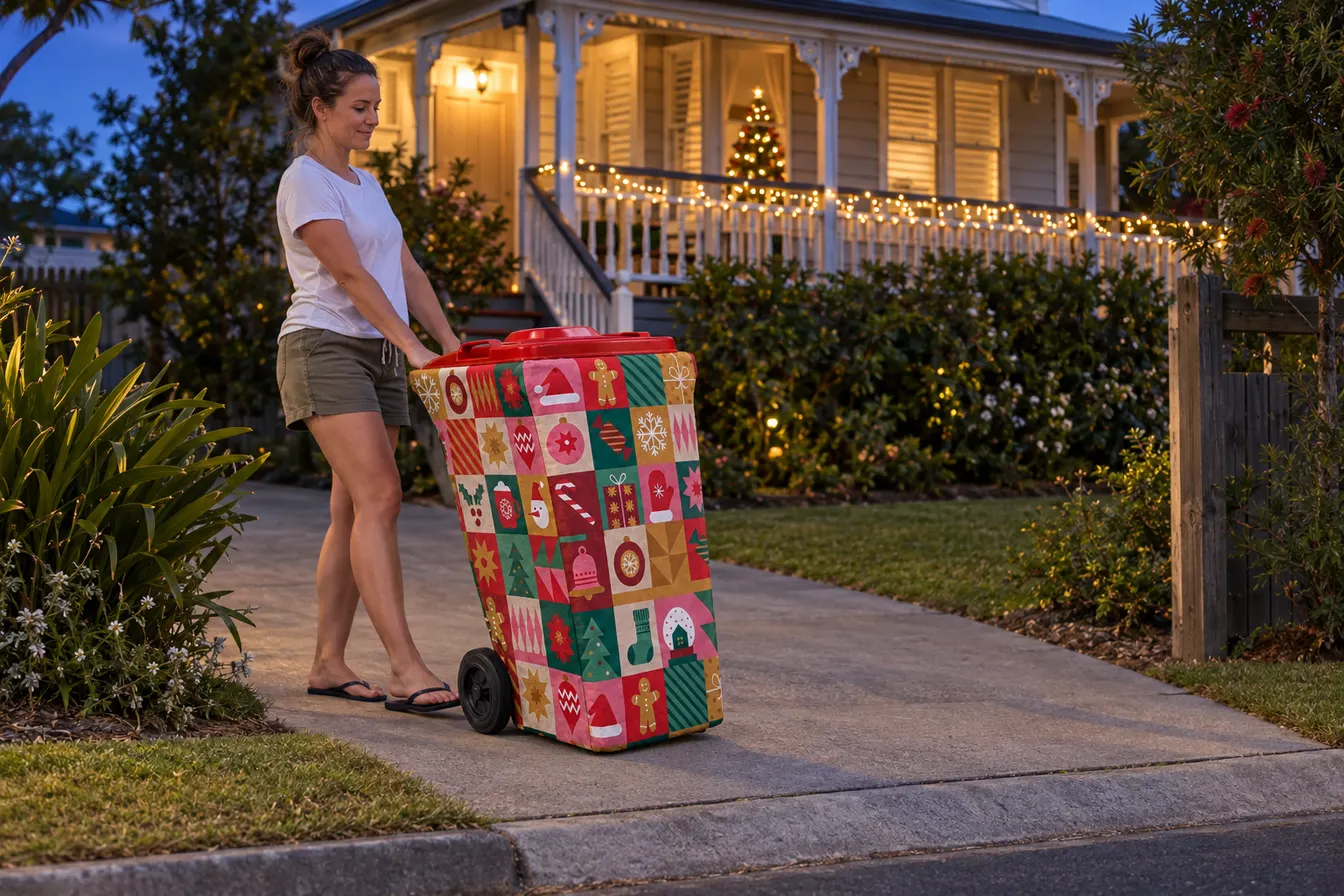 A woman in thongs wheeling a wheelie bin in a red and green Christmas mosaic cover down her driveway at dusk, with fairy lights on the verandah behind her